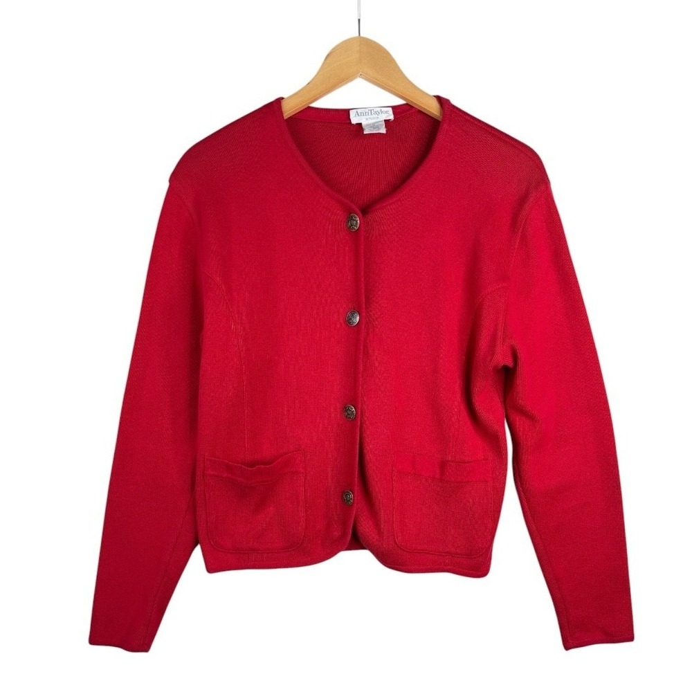 Ann Taylor Studio Vintange Womens Cardigan Sweater Size Medium Red Knit Button